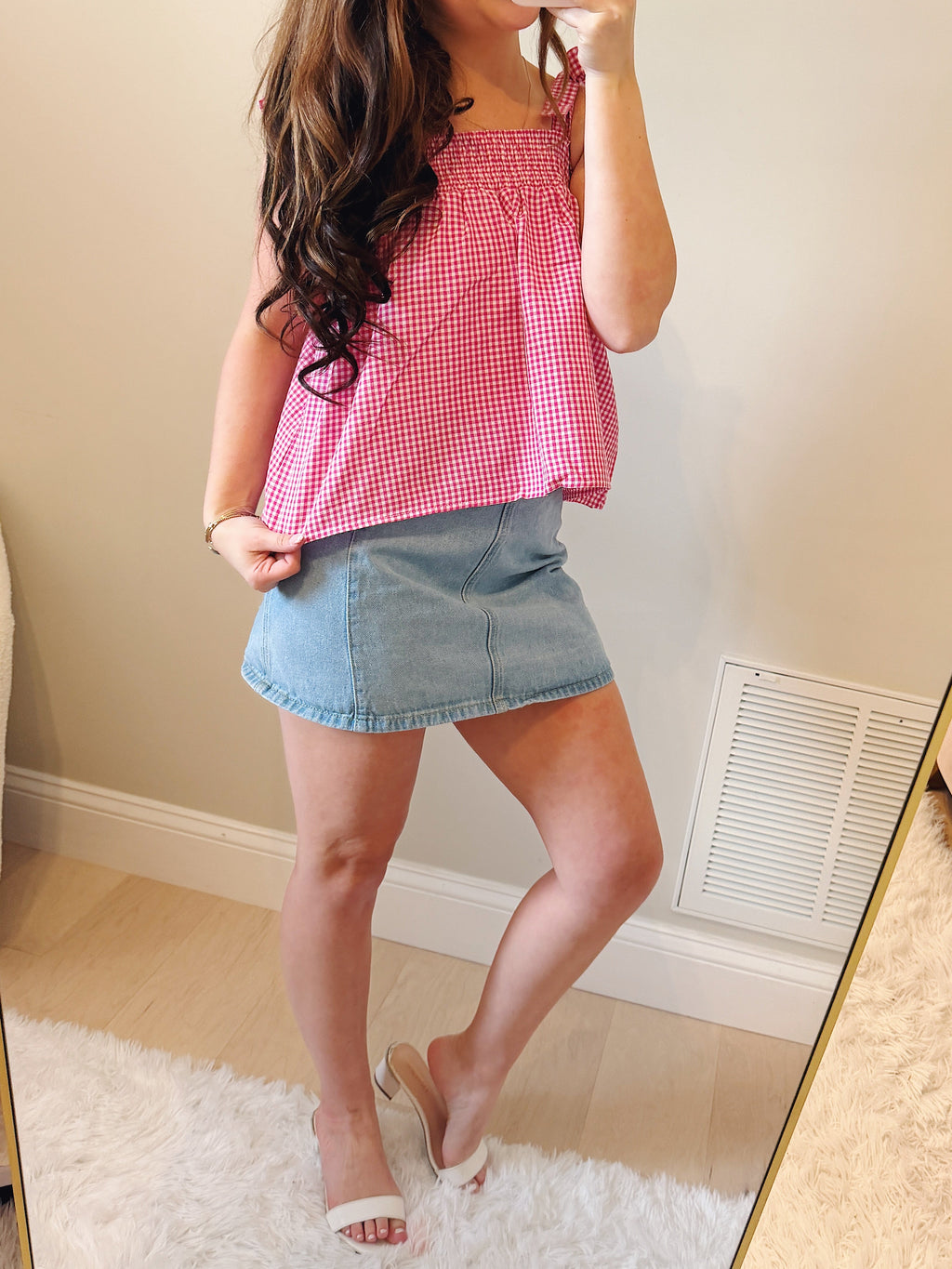 Pink & White Gingham Tank Top with Bow Tie sleeves
