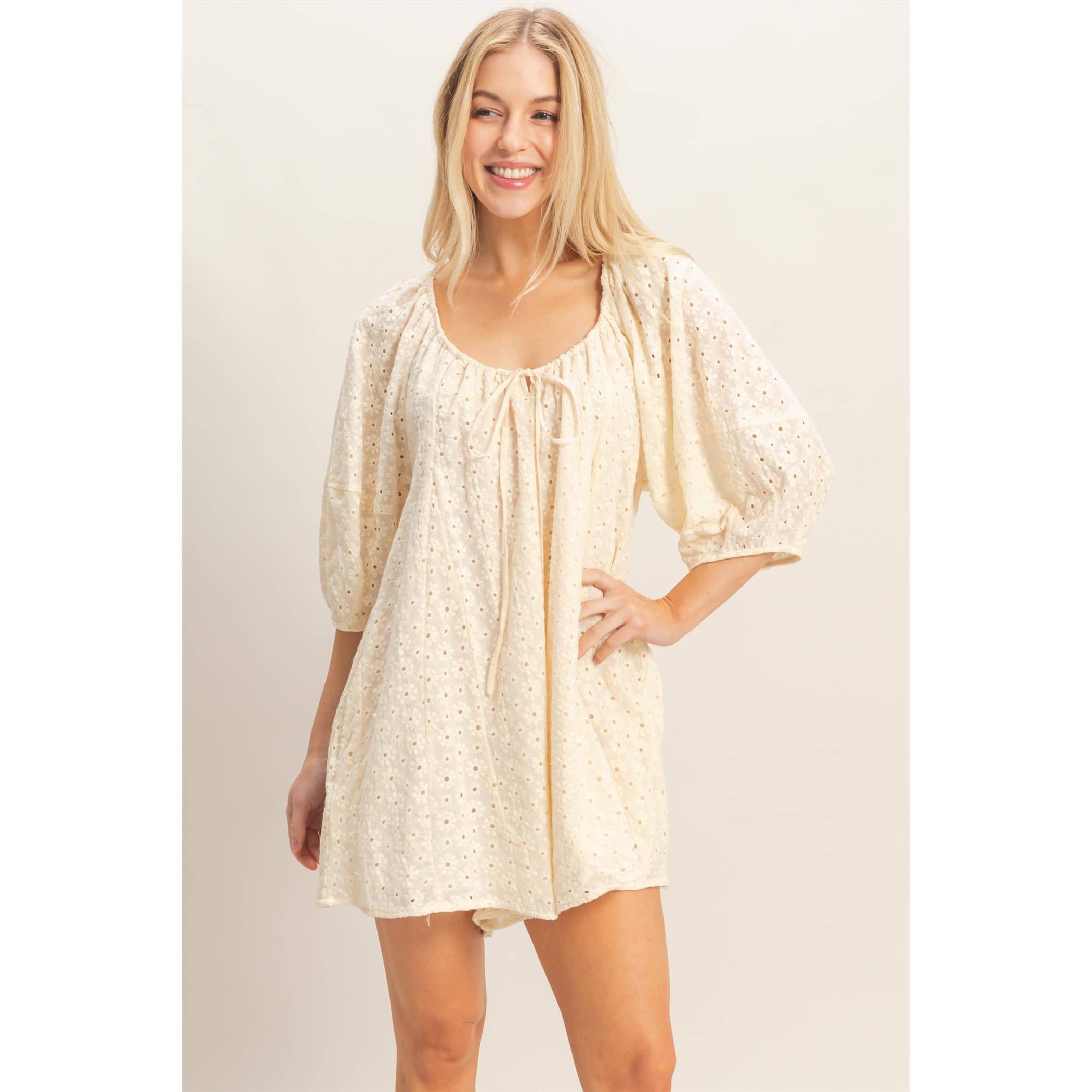 Eyelet Babydoll Romper: CREAM