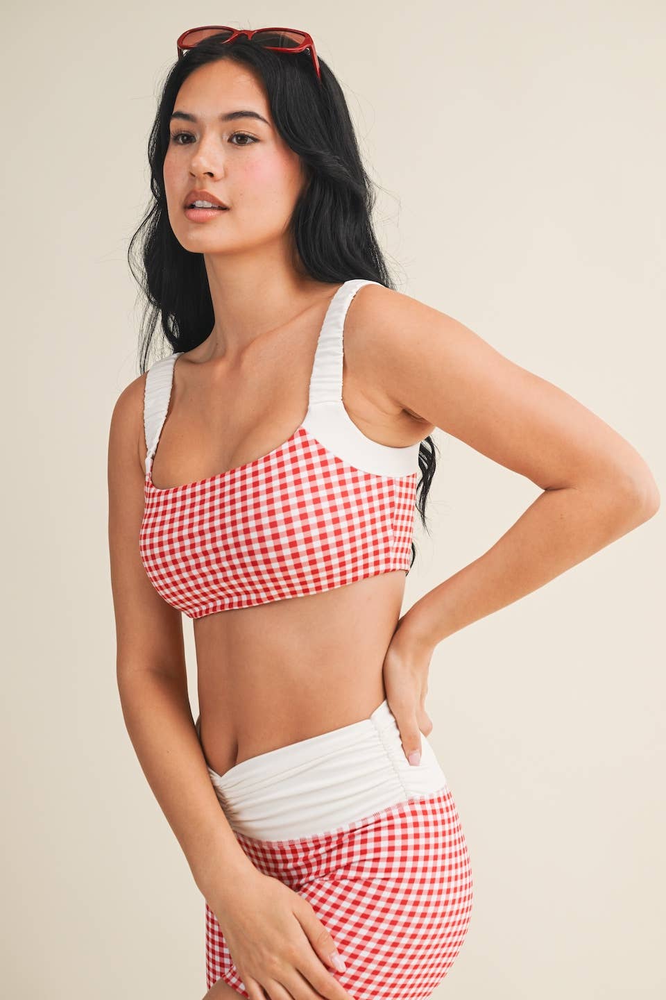 Gingham Print Scrunched Strap Sports Bra & Matching Shorts SET