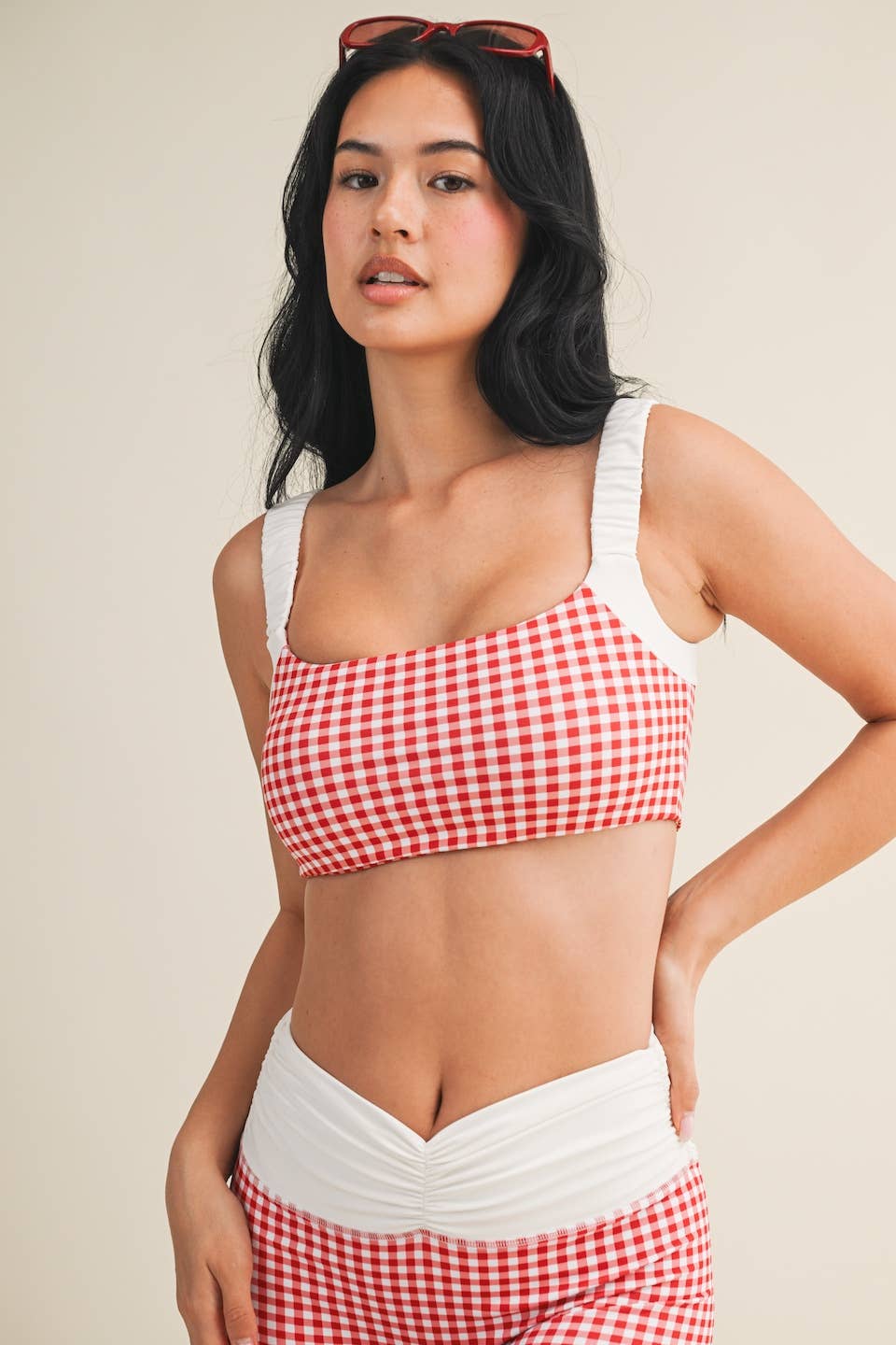 Gingham Print Scrunched Strap Sports Bra & Matching Shorts SET