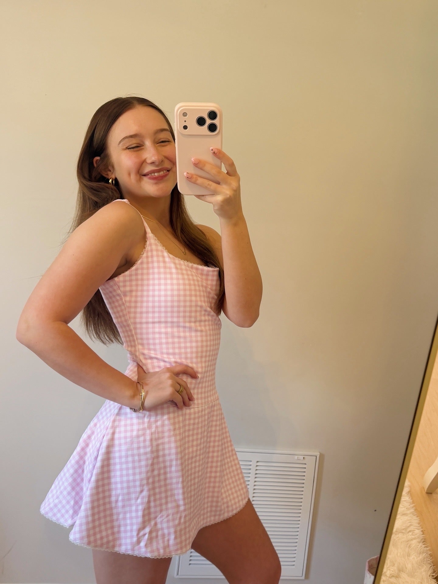 Gingham Print Lace Trim Ruffle Mini Dress: Pink Gingham