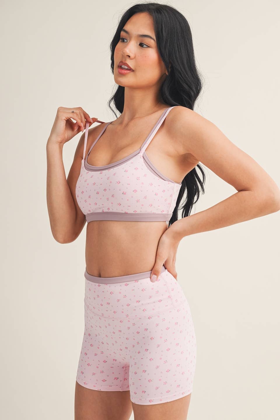 Ditsy Print Double Layered Sports Bra & Shorts SET: Pink Ditsy