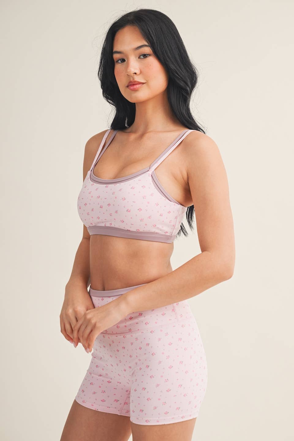 Ditsy Print Double Layered Sports Bra & Shorts SET: Pink Ditsy