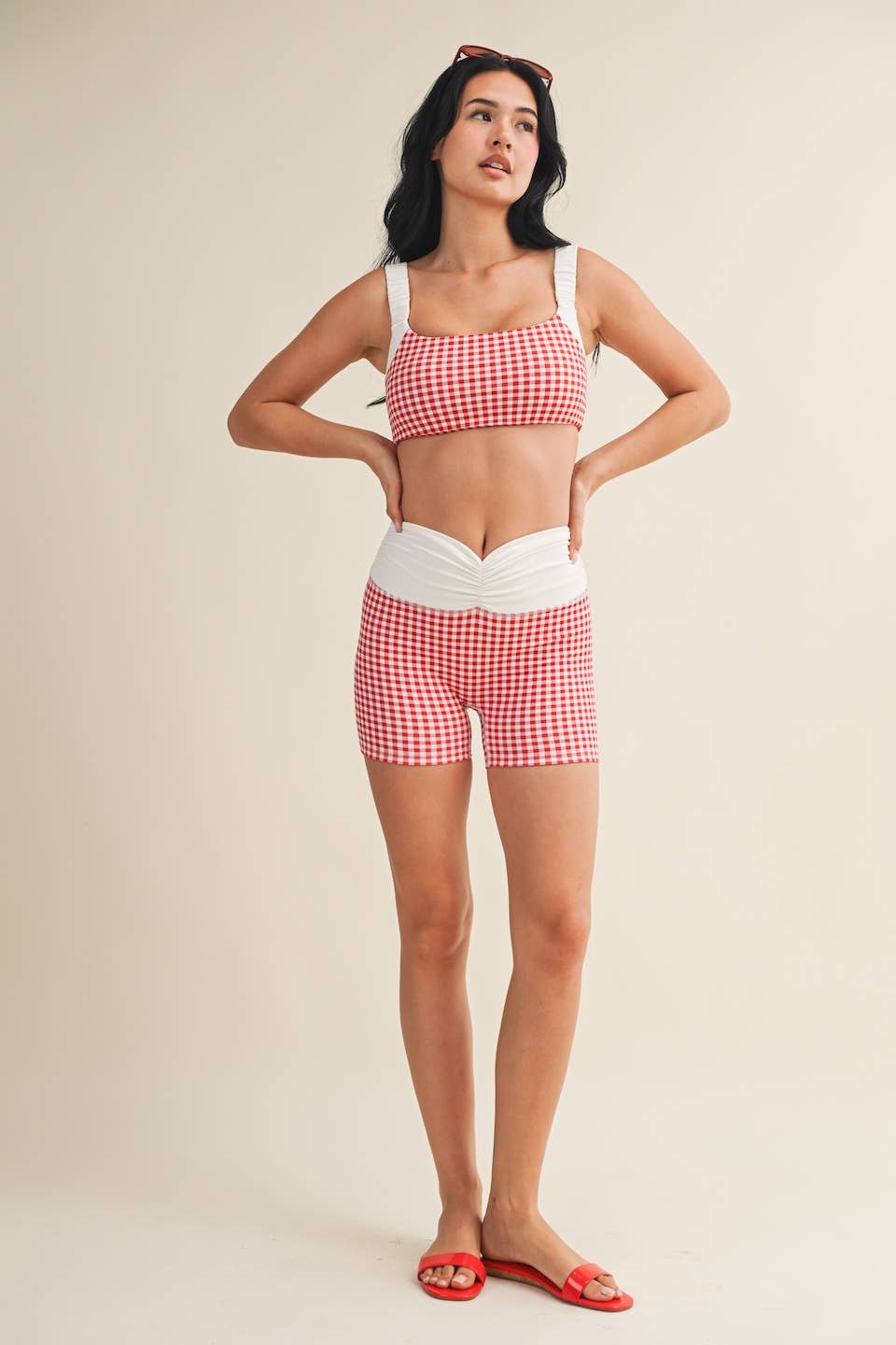 Gingham Print Scrunched Strap Sports Bra & Matching Shorts SET