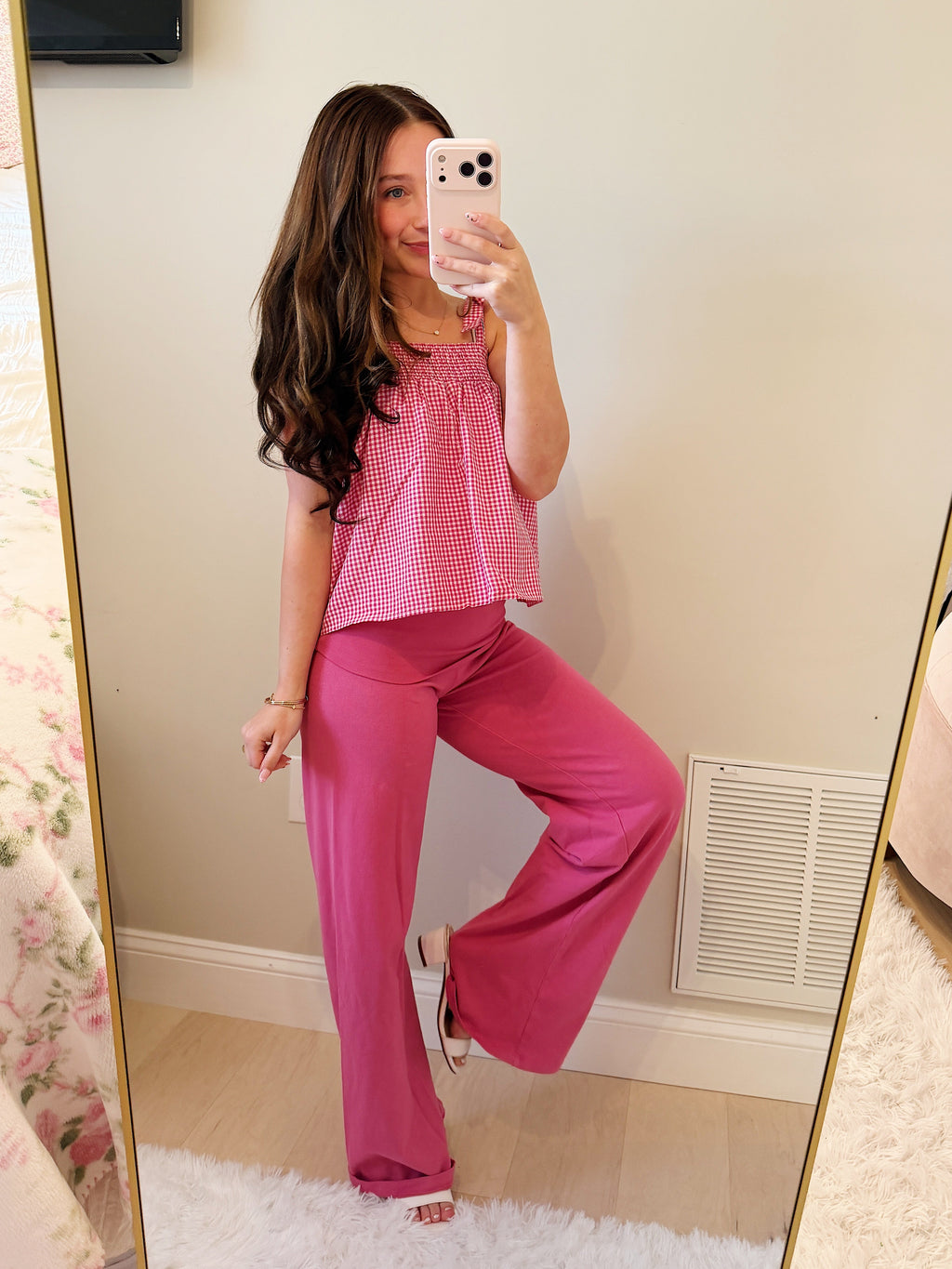 Pink & White Gingham Tank Top with Bow Tie sleeves