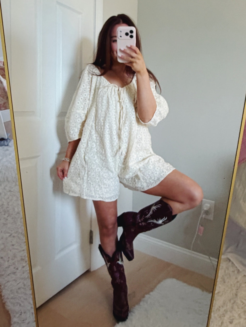 Eyelet Babydoll Romper: CREAM