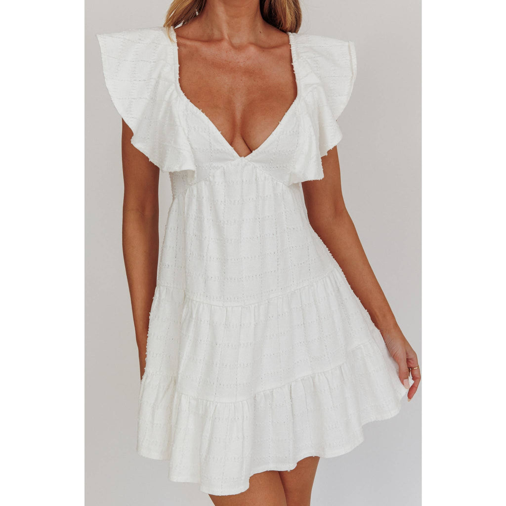RUFFLE SLEEVE MINI DRESS: WHITE