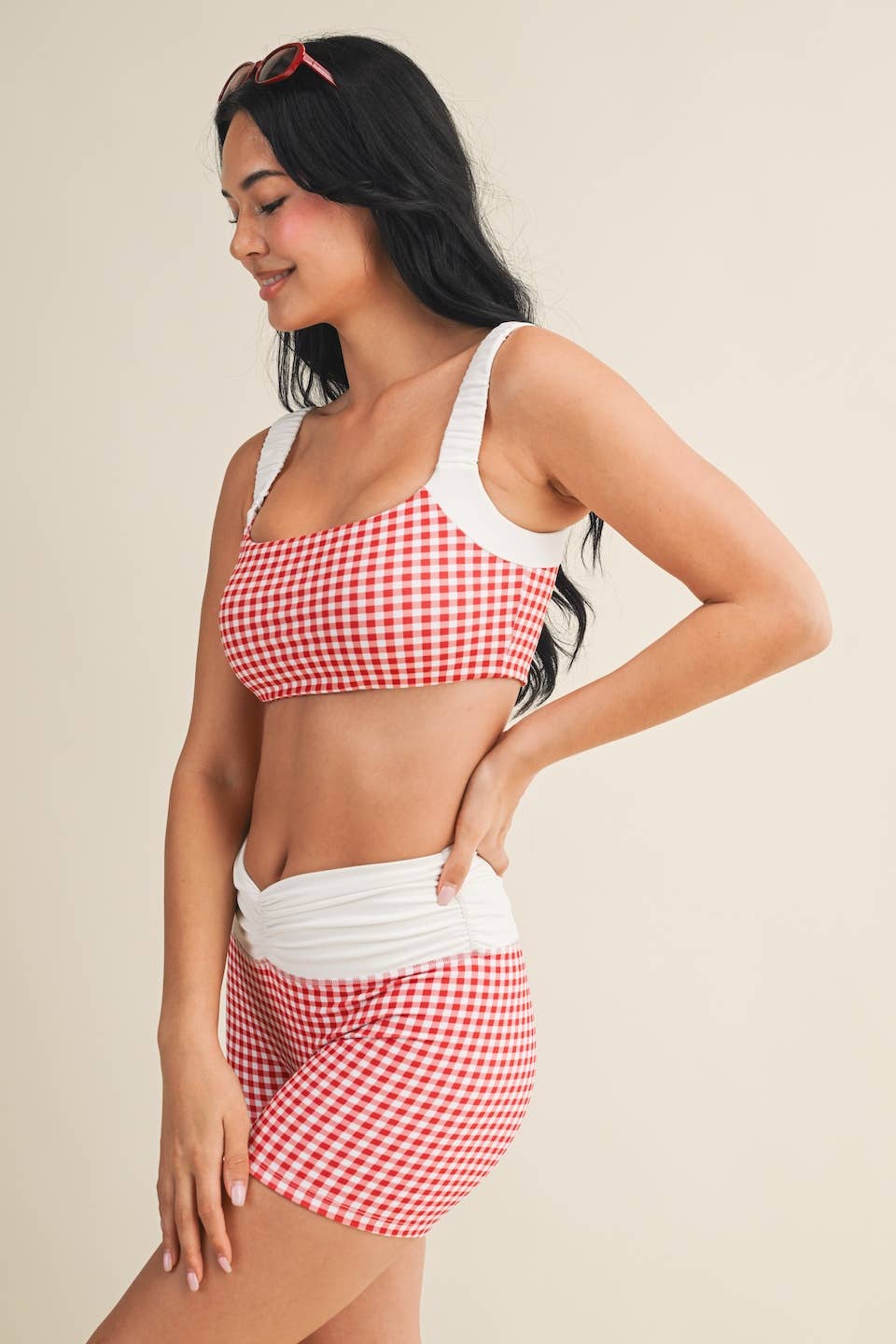Gingham Print Scrunched Strap Sports Bra & Matching Shorts SET