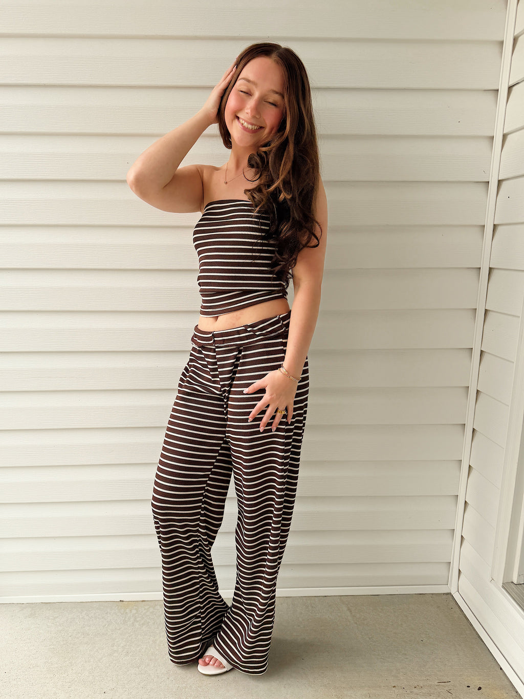 Strapless Striped Pants Set Coffee Brown