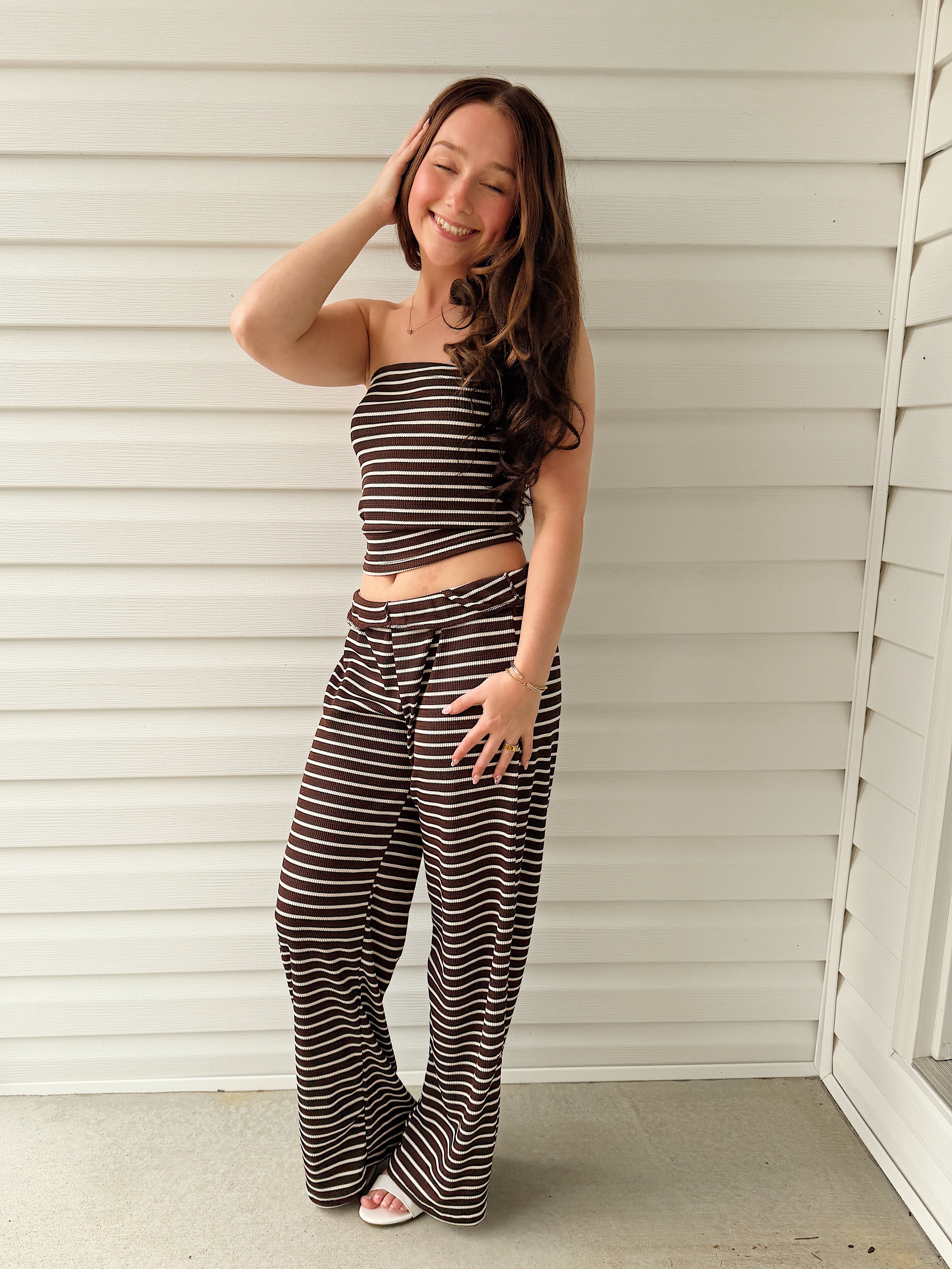 Strapless Striped Pants Set Coffee Brown