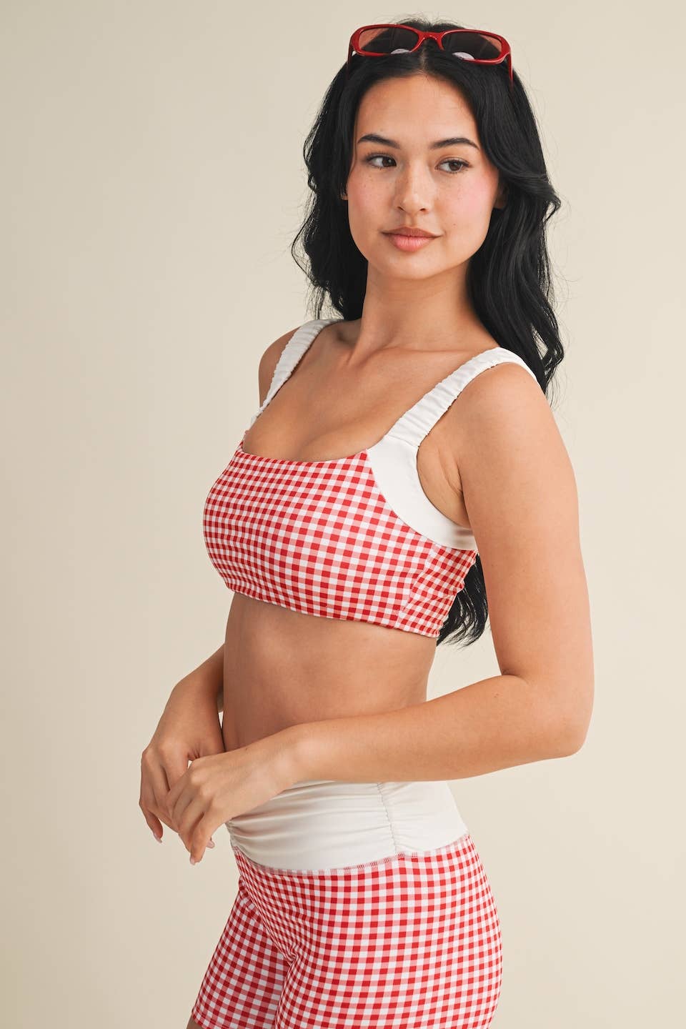Gingham Print Scrunched Strap Sports Bra & Matching Shorts SET