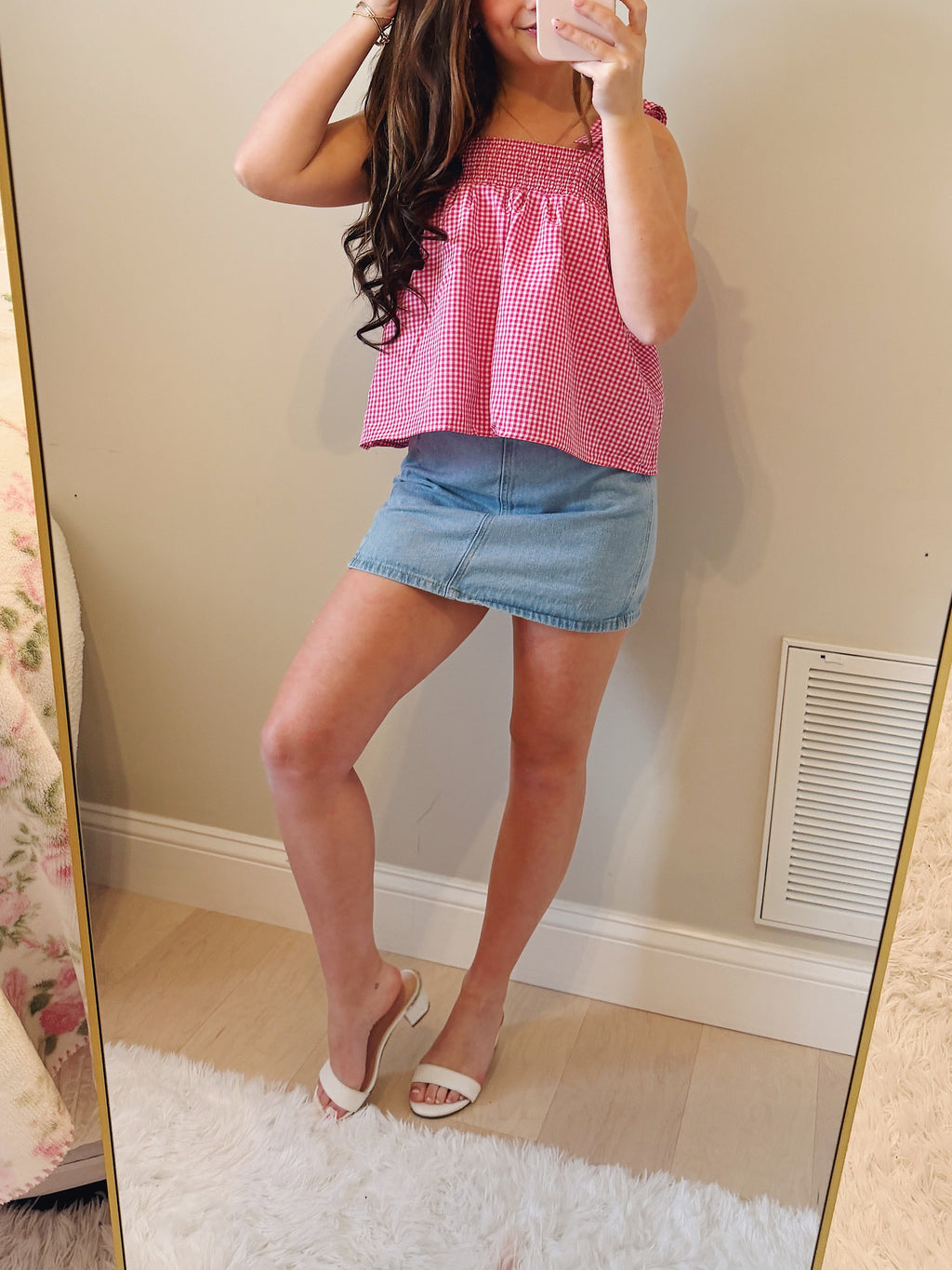 Pink & White Gingham Tank Top with Bow Tie sleeves