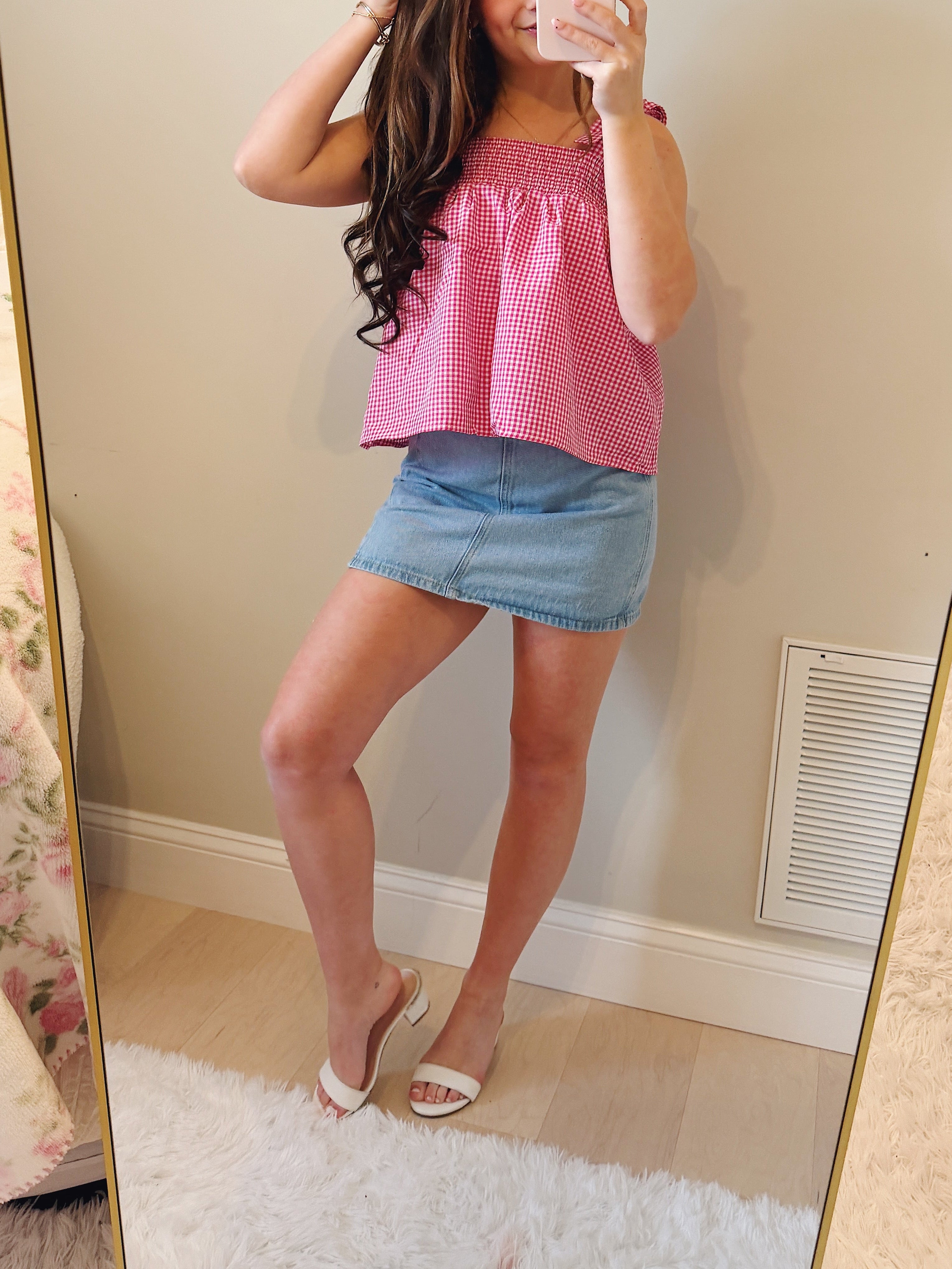 Pink & White Gingham Tank Top with Bow Tie sleeves