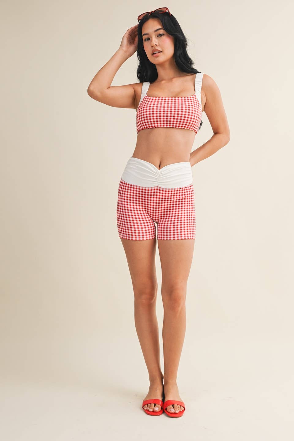 Gingham Print Scrunched Strap Sports Bra & Matching Shorts SET