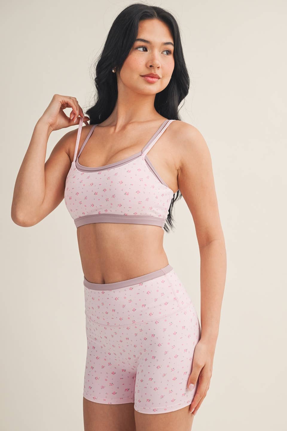 Ditsy Print Double Layered Sports Bra & Shorts SET: Pink Ditsy