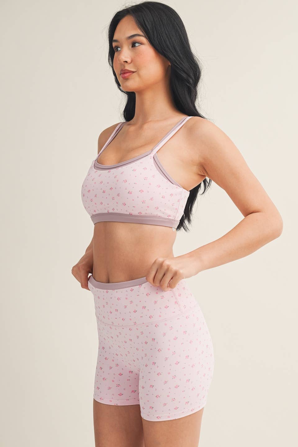 Ditsy Print Double Layered Sports Bra & Shorts SET: Pink Ditsy