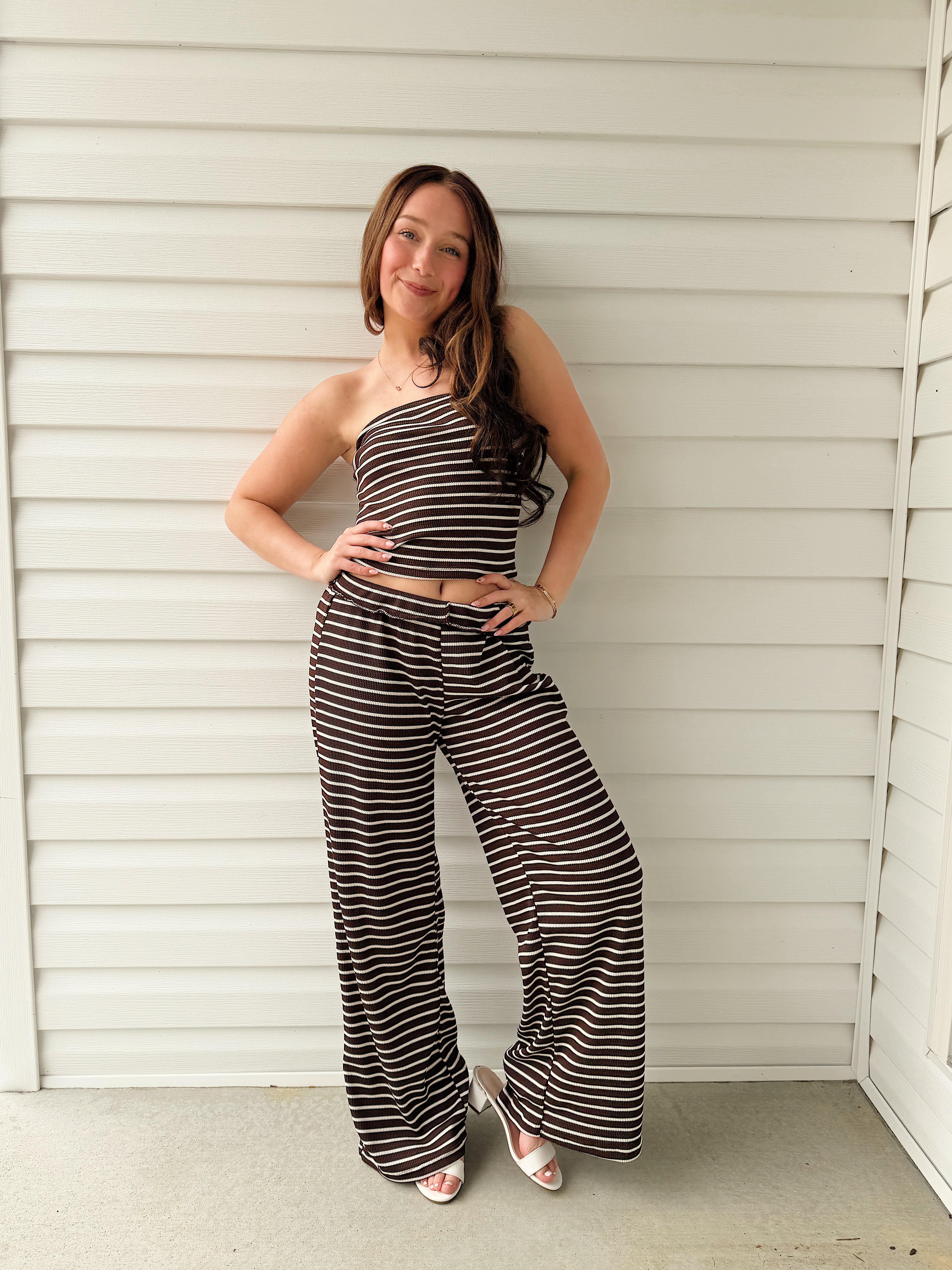 Strapless Striped Pants Set Coffee Brown