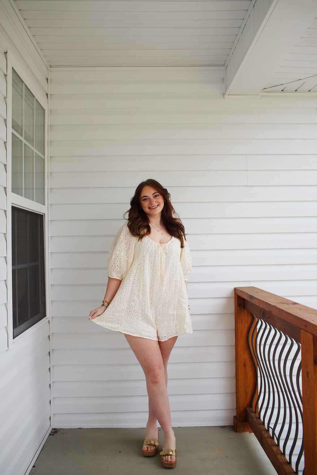 Eyelet Babydoll Romper: CREAM