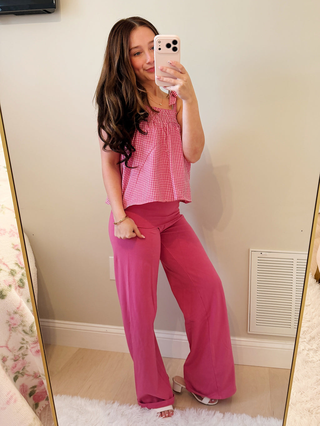 Pink & White Gingham Tank Top with Bow Tie sleeves