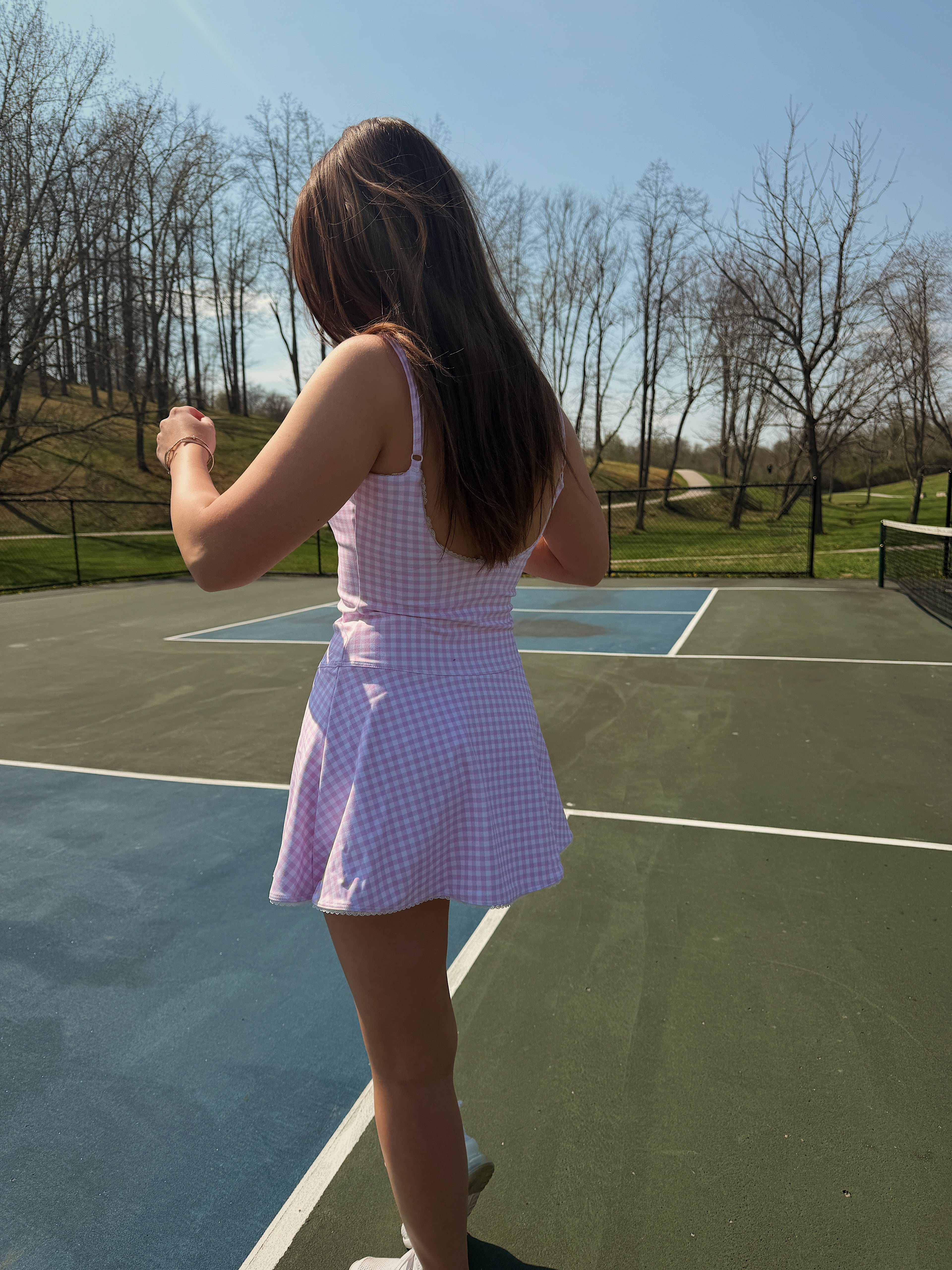 Gingham Print Lace Trim Ruffle Mini Dress: Pink Gingham