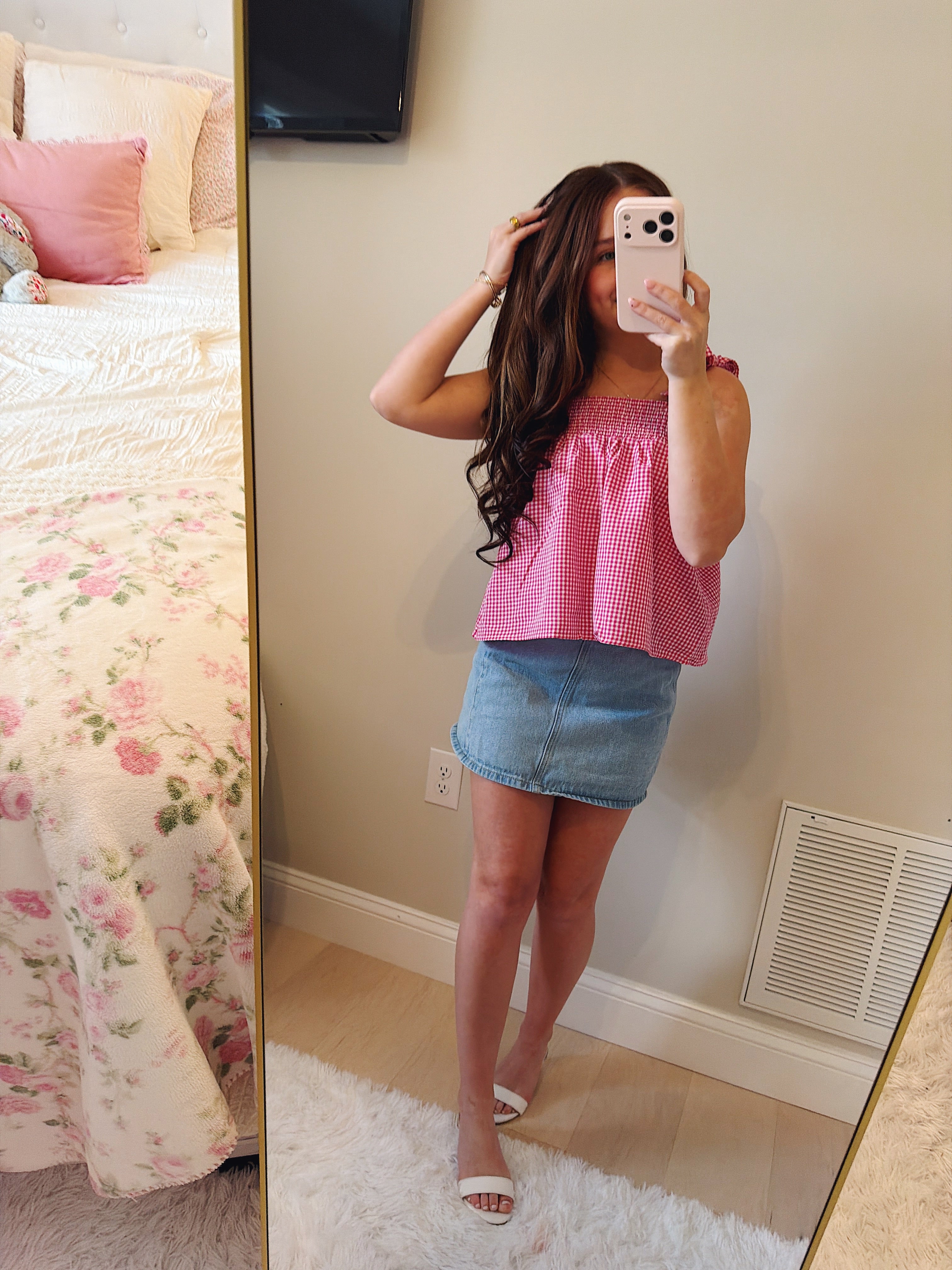 Pink & White Gingham Tank Top with Bow Tie sleeves