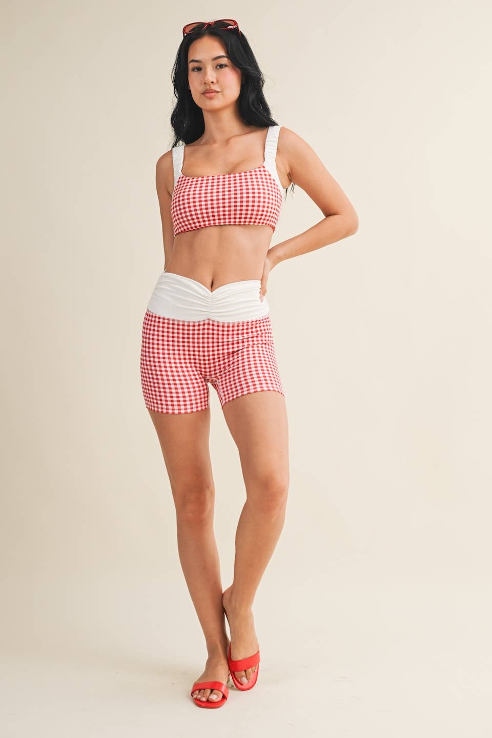 Gingham Print Scrunched Strap Sports Bra & Matching Shorts SET