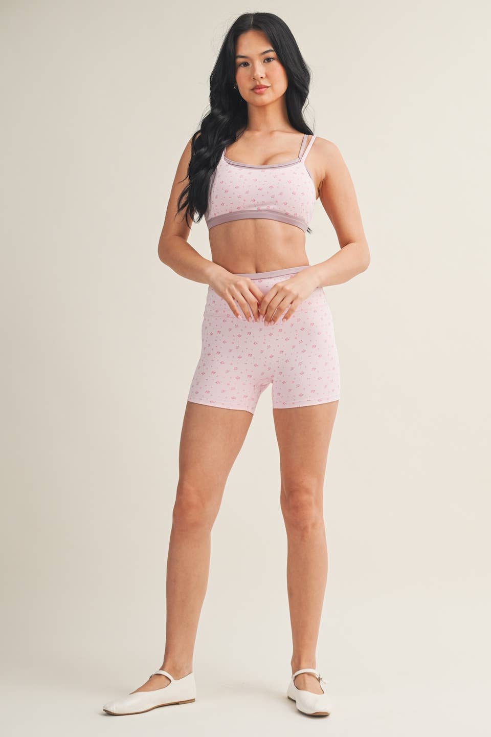 Ditsy Print Double Layered Sports Bra & Shorts SET: Pink Ditsy