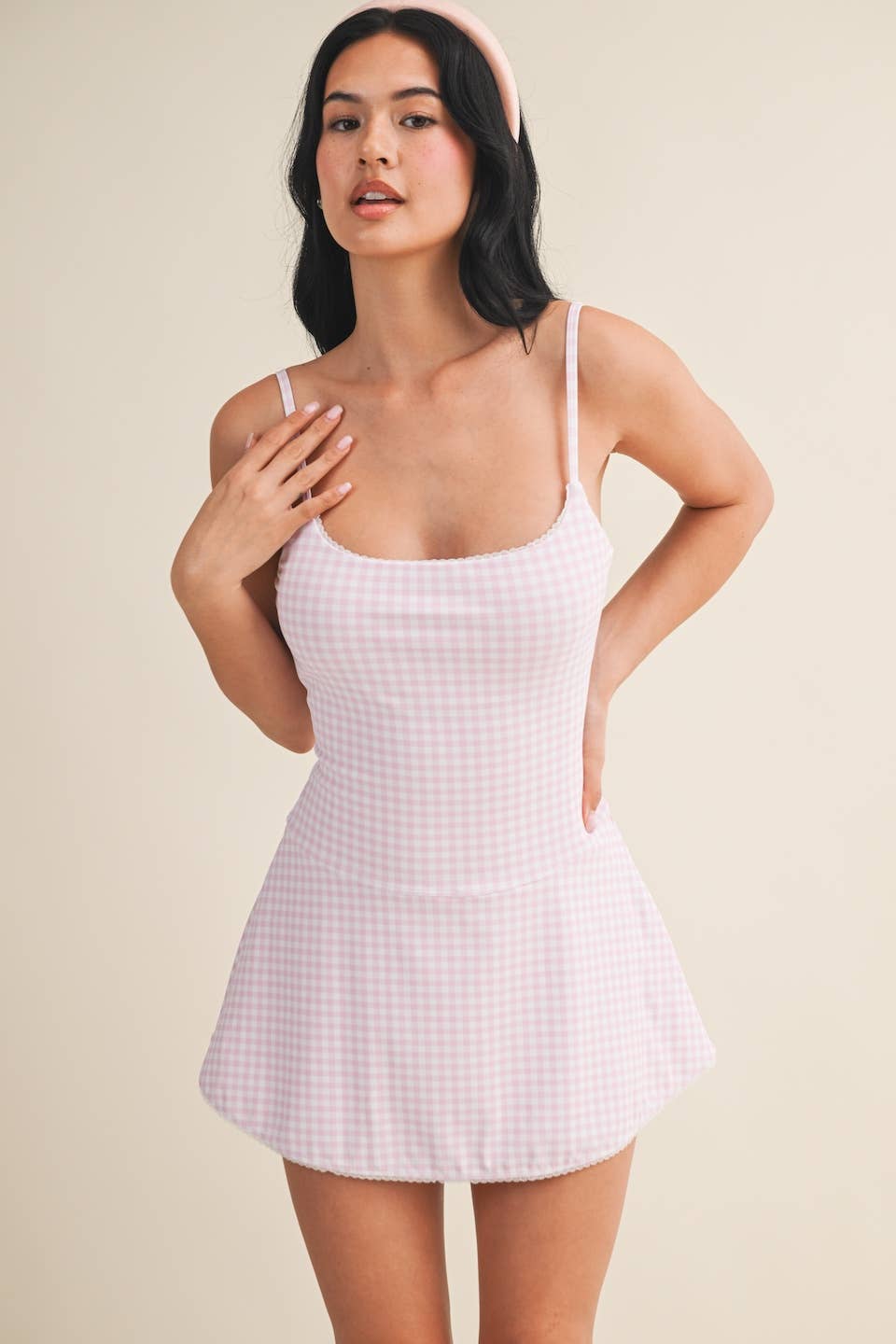 Gingham Print Lace Trim Ruffle Mini Dress: Pink Gingham