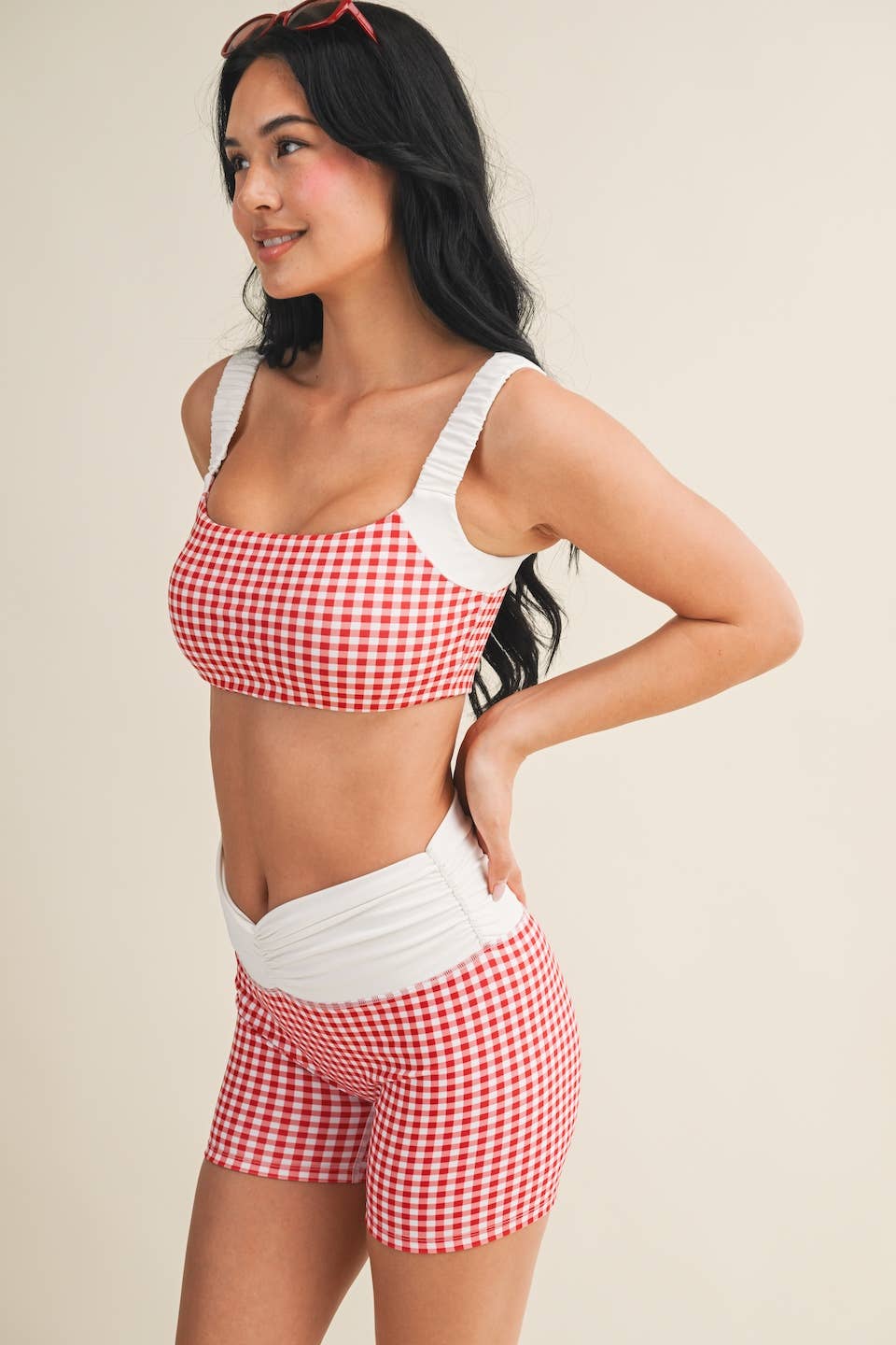 Gingham Print Scrunched Strap Sports Bra & Matching Shorts SET