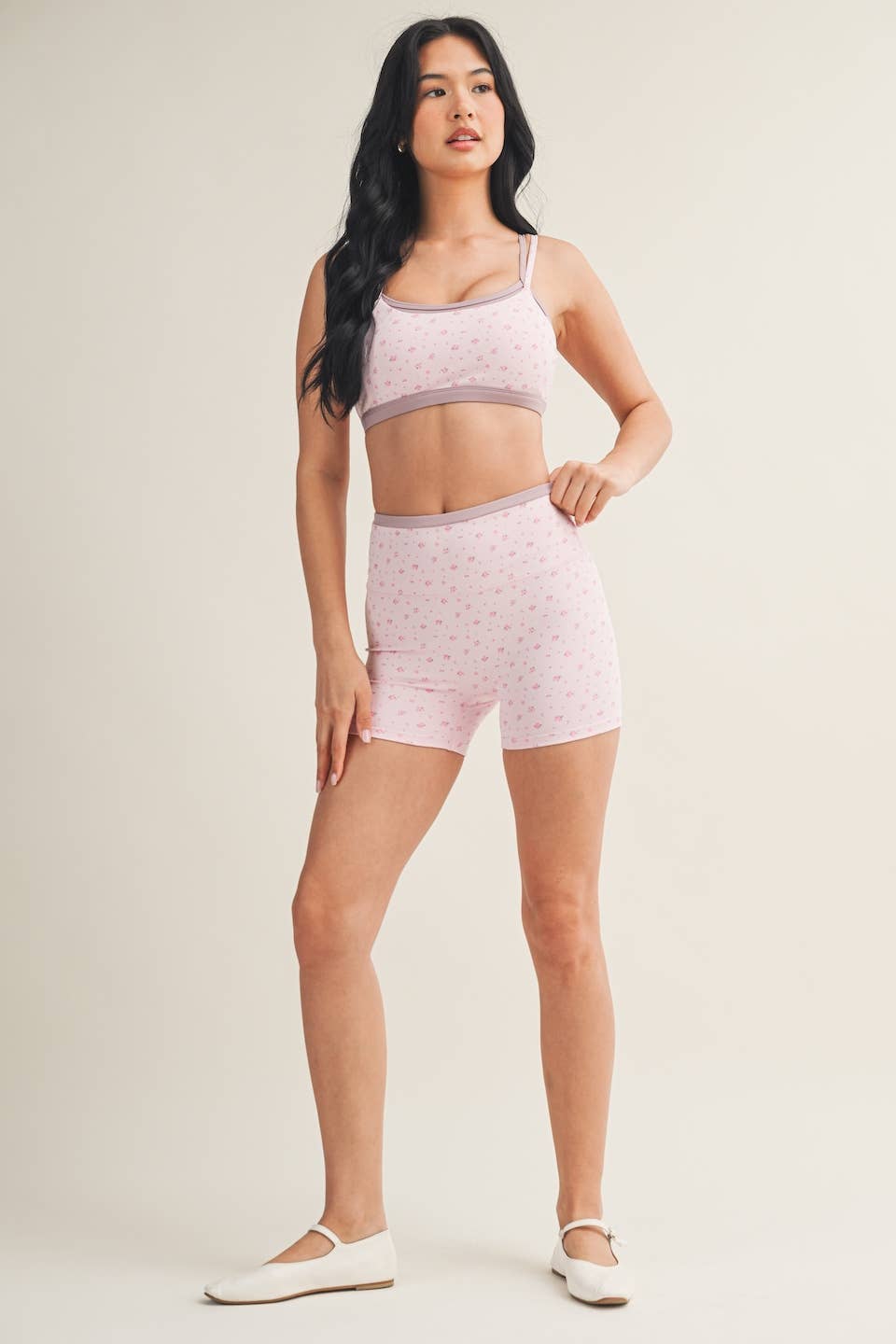 Ditsy Print Double Layered Sports Bra & Shorts SET: Pink Ditsy