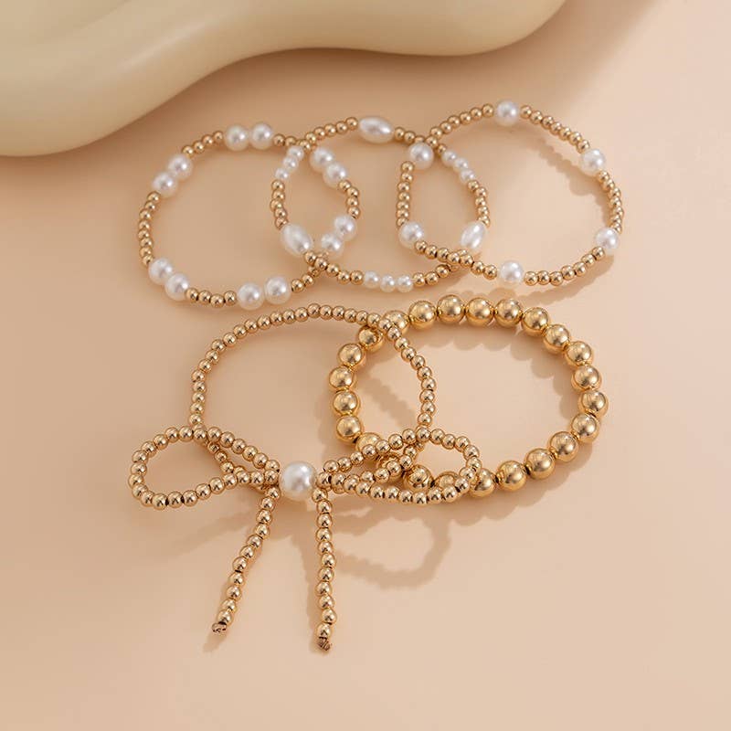 MULTI LAYER BALL CHAIN BEAD PEARL BOW BRACELET | 40B5135: Gold