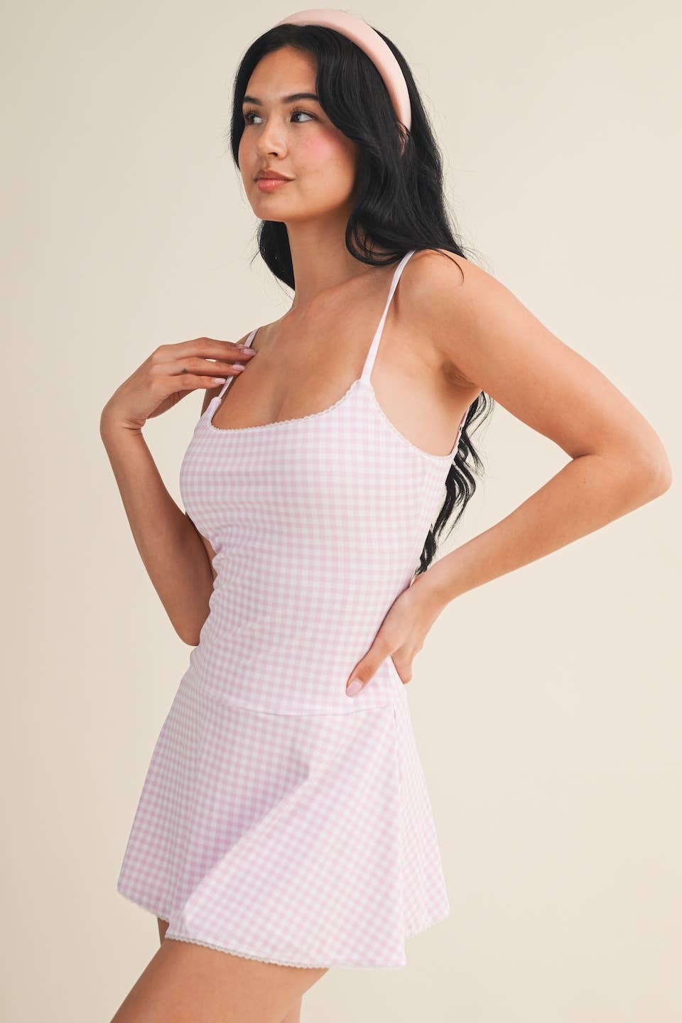 Gingham Print Lace Trim Ruffle Mini Dress: Pink Gingham