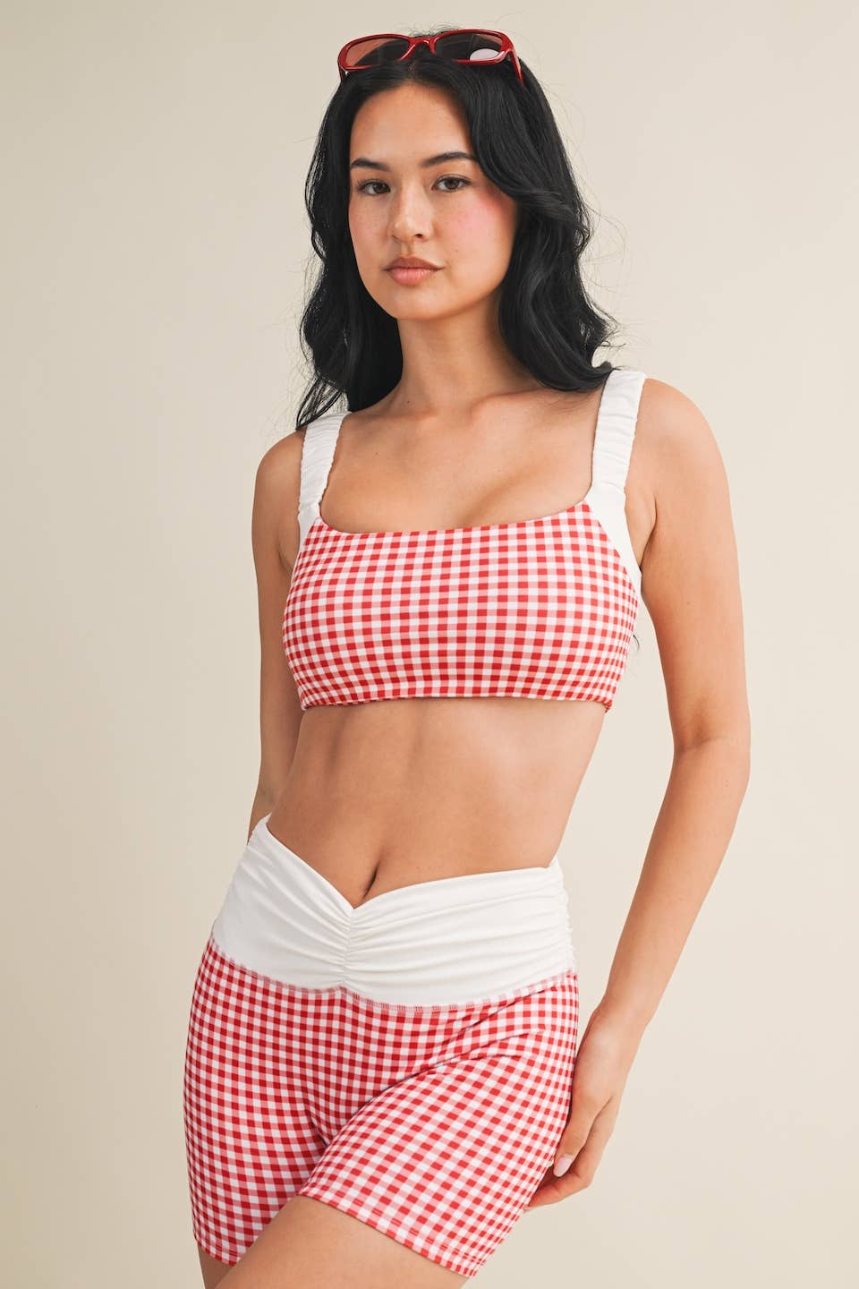 Gingham Print Scrunched Strap Sports Bra & Matching Shorts SET