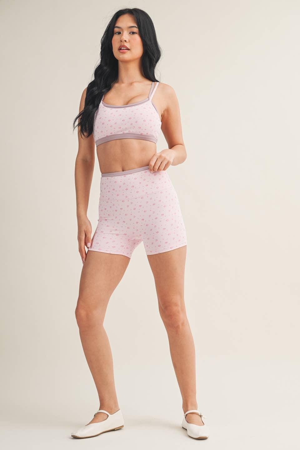 Ditsy Print Double Layered Sports Bra & Shorts SET: Pink Ditsy